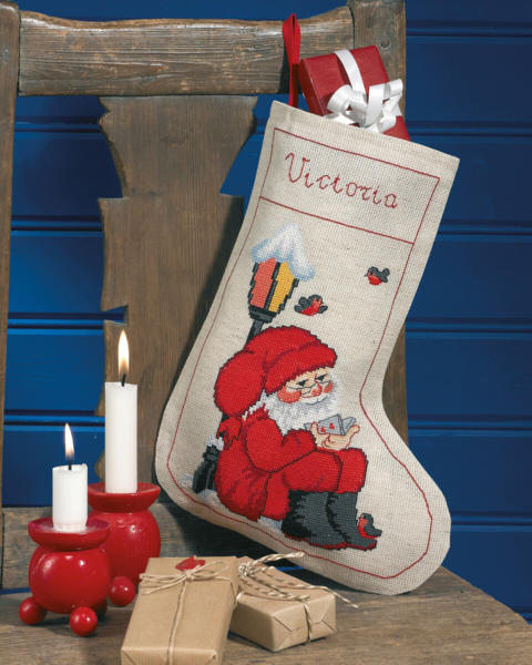 Stickset Weihnachtswichtel unter der Laterne Strumpf 24 x 32 cm