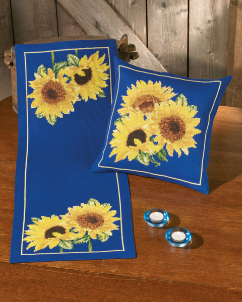 Stickset Sonnenblumen in Blau 35 x 94 cm