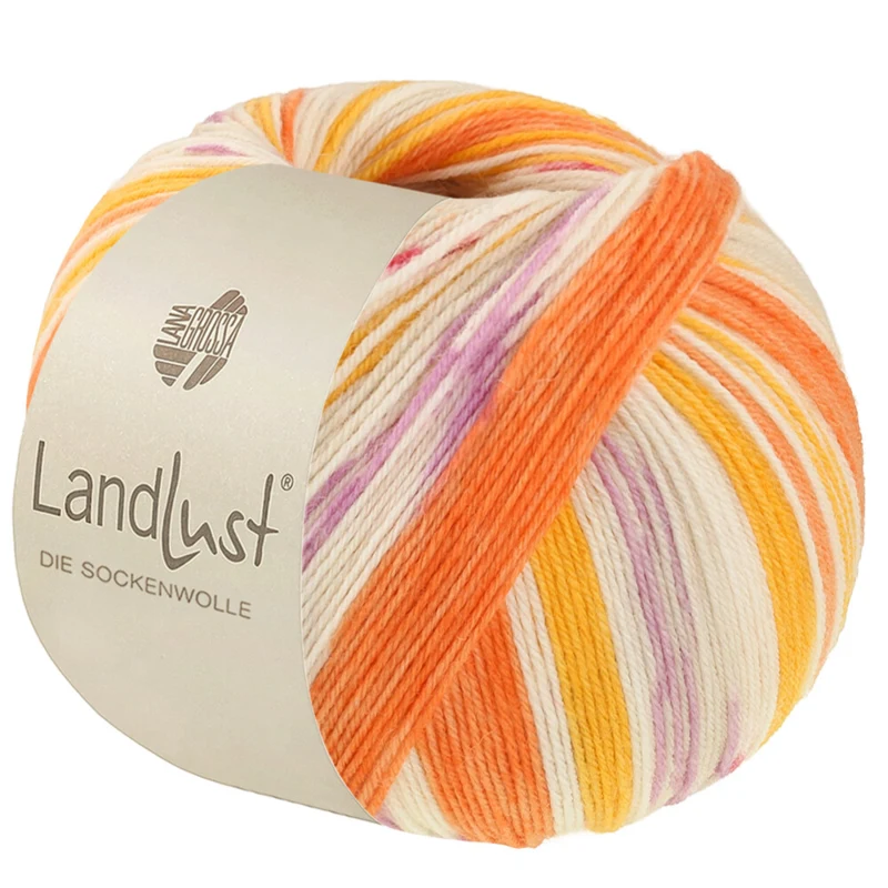 Lana Grossa Landlust Die Sockenwolle 723 Gelborange/Rotorange/Creme/Lila/Hellbeige/Lachsorange/Rot
