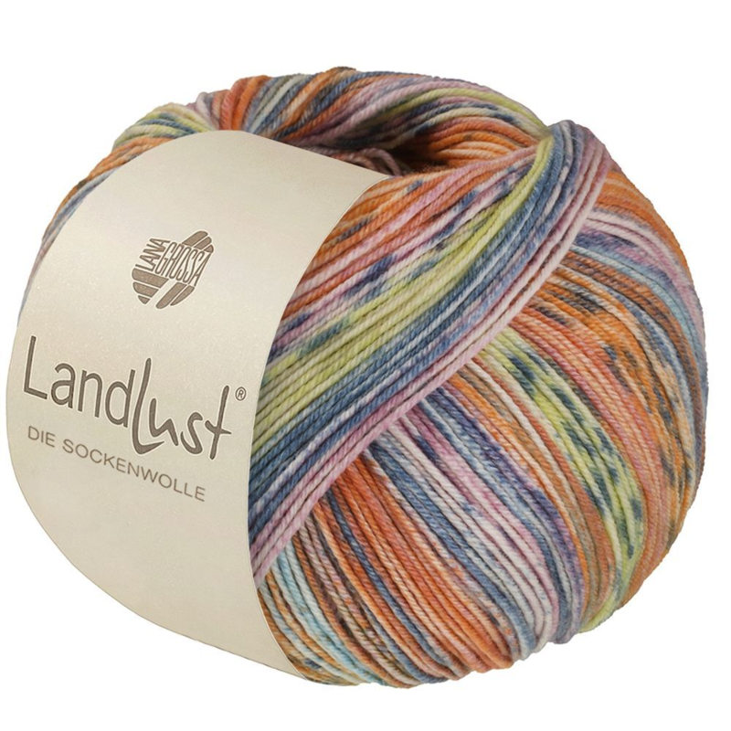 Lana Grossa Landlust die Sockenwolle Seide 336 Lachs/Orange/Grau/Mint/Rosa/Zitronengelb/Graublau gestreift