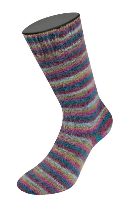 Lana Grossa Cosy Socks Multi Stripes 158 Petrol/Dunkelfuchsia/Oliv/Minttürkis/Dunkelrot