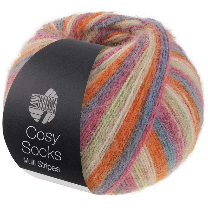 Lana Grossa Cosy Socks Multi Stripes 154 Dunkelgrau/graublau/fuchsia/hellgrün/creme/orange