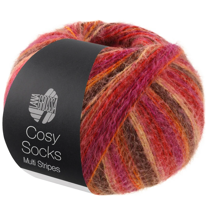 Lana Grossa Cosy Socks Multi Stripes 159 Rot/Fuchsia/Orange/Dunkelbraun/Lachs