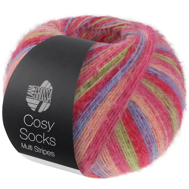 Lana Grossa Cosy Socks Multi Stripes 152 Tulpenrot/violettblau/lachsrosa/pink/hellgrün