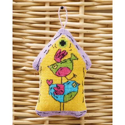 Vogelhaus gelb 2 Vögel 7x9cm